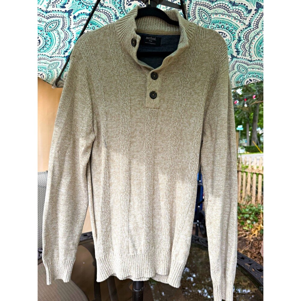 Method Men’s L Mock Neck Button Knit Pullover Sweater Beige Lightweight Cotton